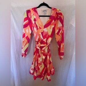 Nicole Miller Bright Patterned Long Sleeve Belted Dress M
